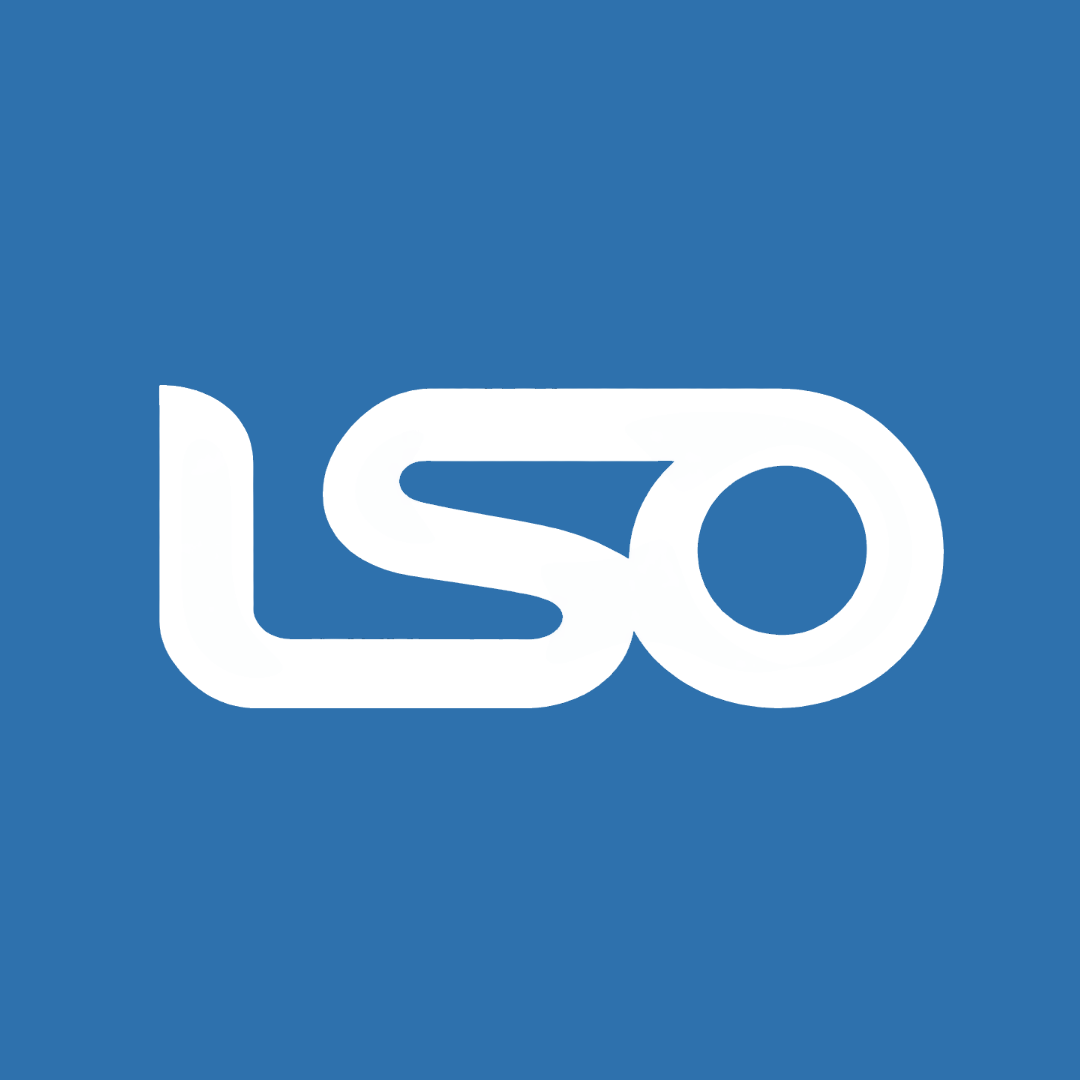 White LSO monogram centered on a corporate blue square